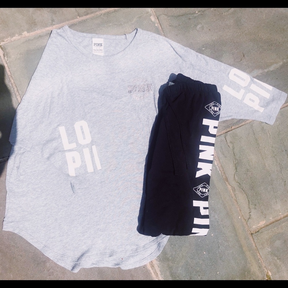 Pink tee w/ matching black sweatpants